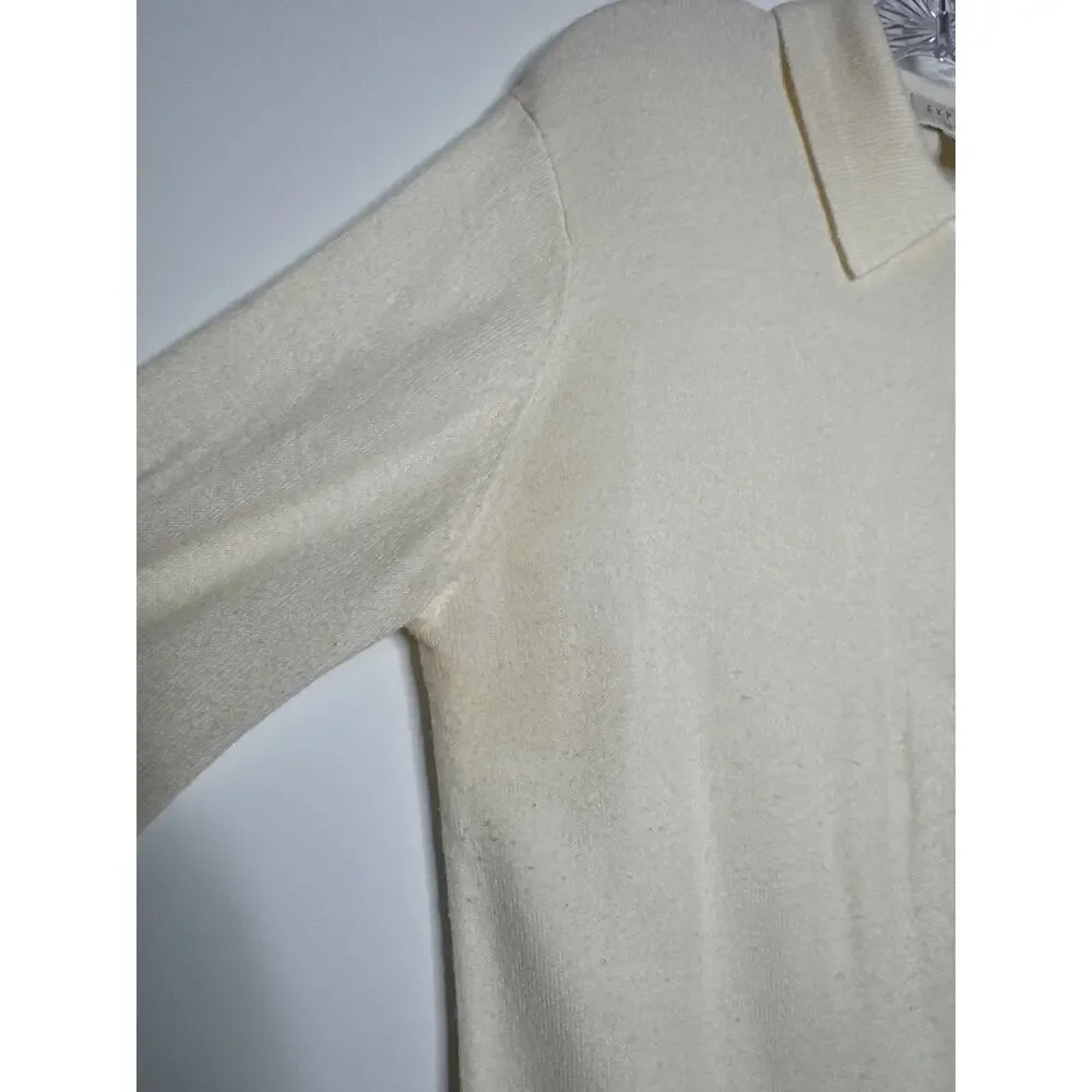Vintage 70s Express Tricot Ivory Collared Cardigan Sweater Hong Kong Medium